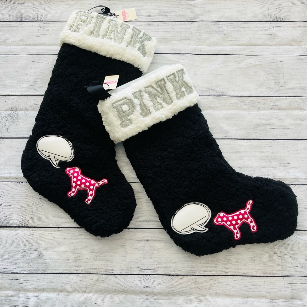 Victoria's Secret PINK Logo Plush Sherpa Christmas Holiday Stocking Black (2)